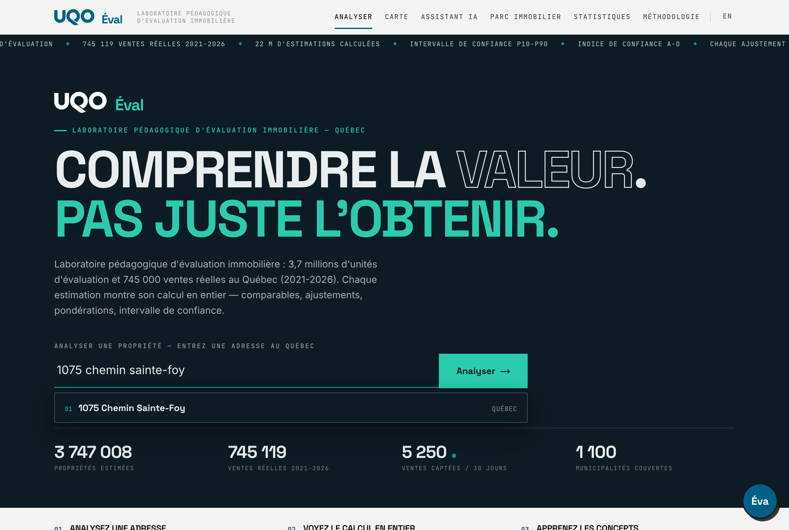 Recherche d'adresse : « 1075 chemin sainte-foy » tapé dans le champ, suggestion « 1075 Chemin Sainte-Foy — Québec » affichée
