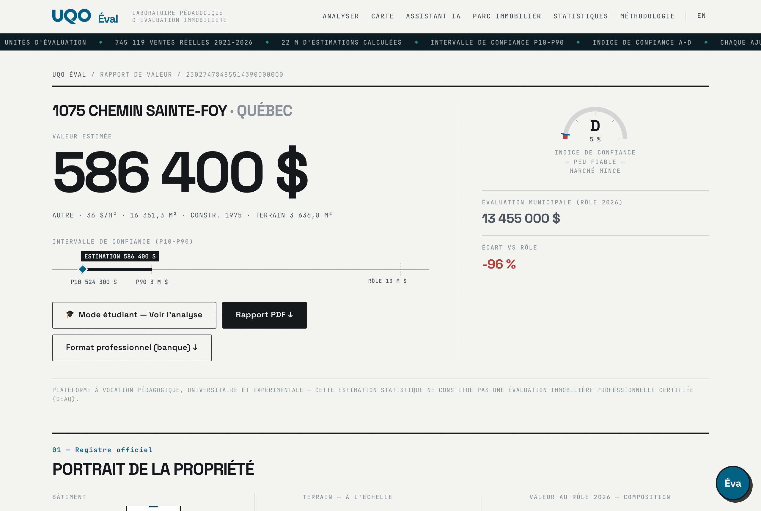 Fiche d'estimation : adresse, valeur estimée en grands chiffres, fourchette P10-P90, boutons Mode étudiant et Rapport PDF, cadran de confiance