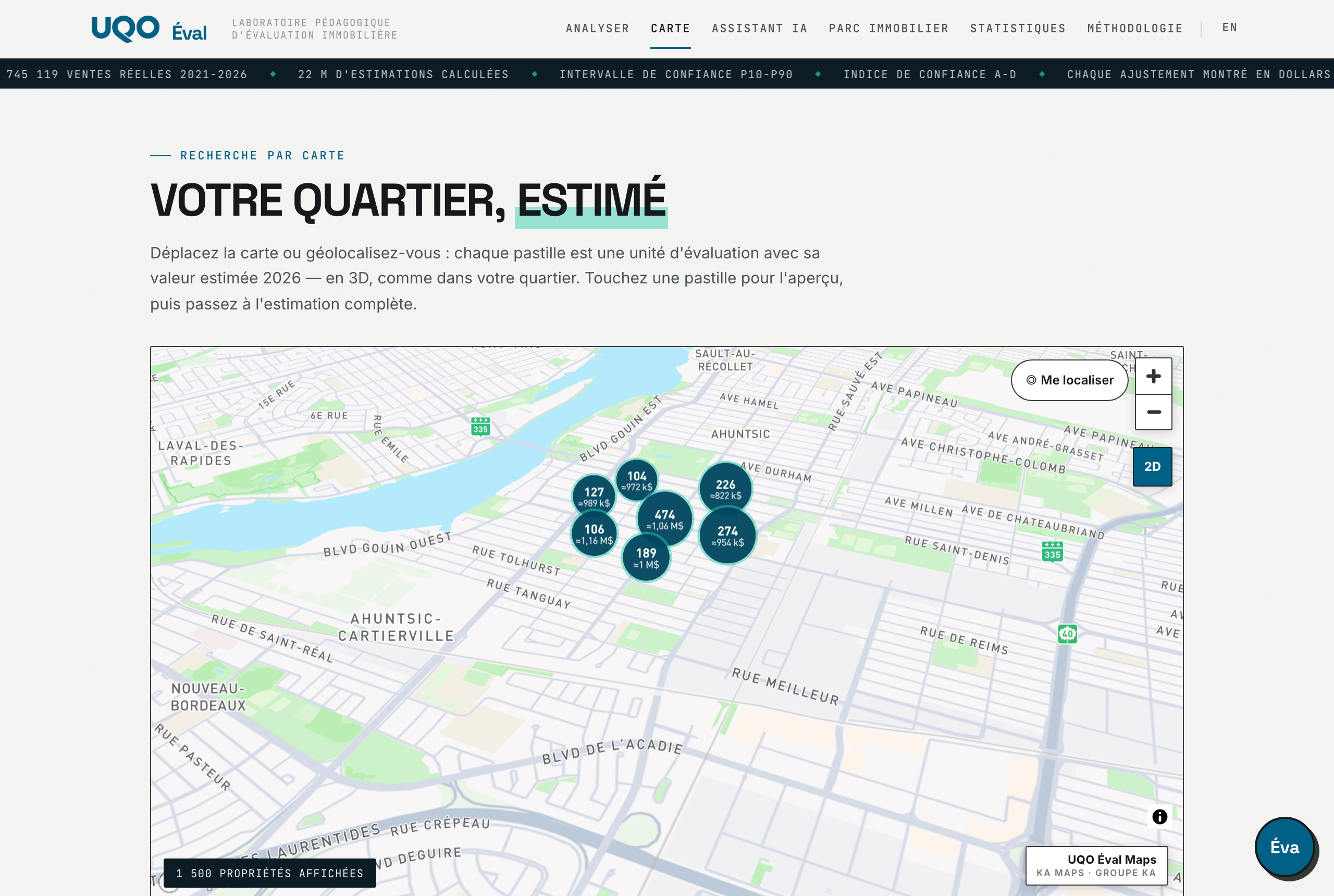 Carte interactive UQO Éval Maps : pastilles de valeurs estimées sur fond de carte 3D