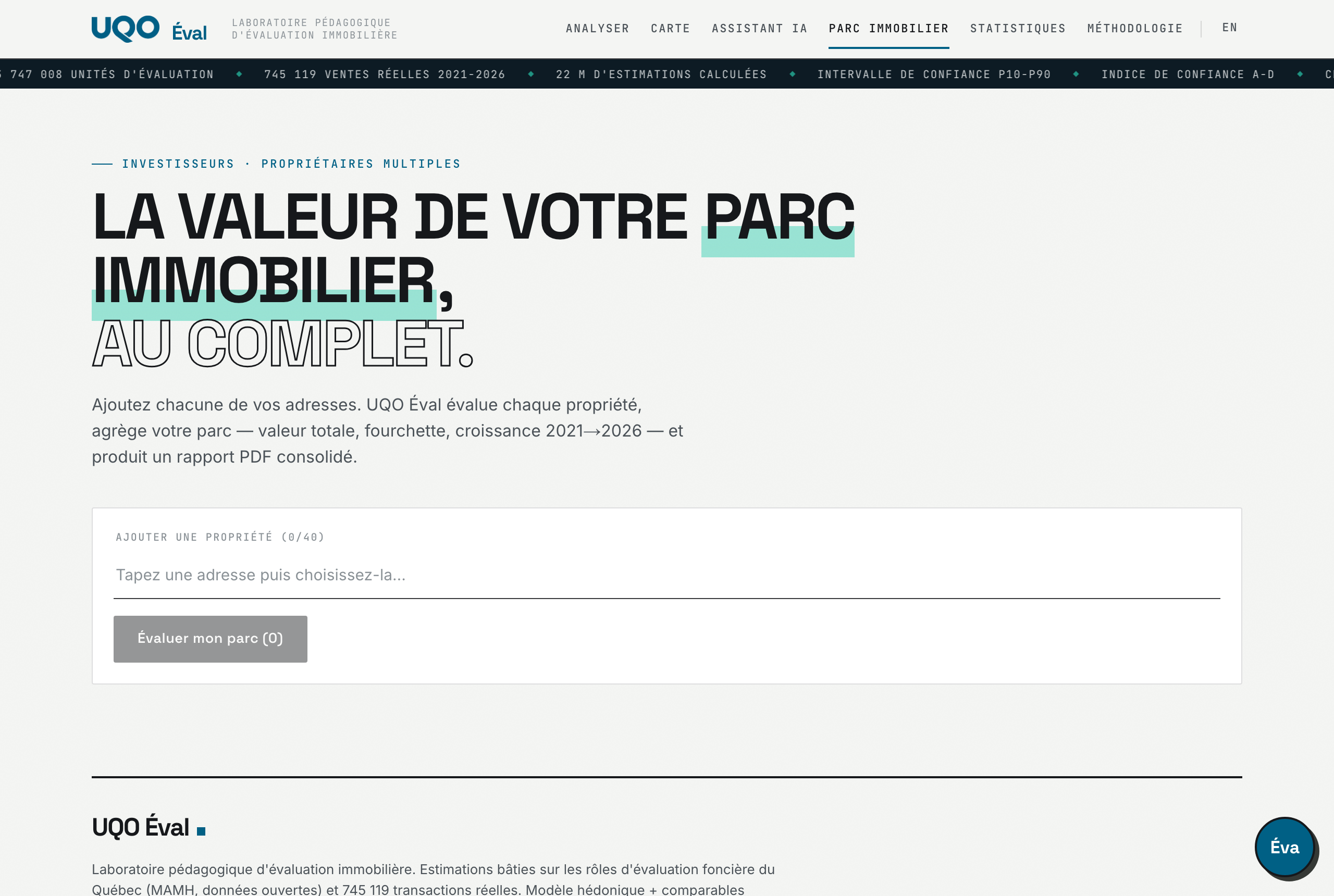 Page parc immobilier : constructeur de liste d'adresses et bouton Évaluer mon parc