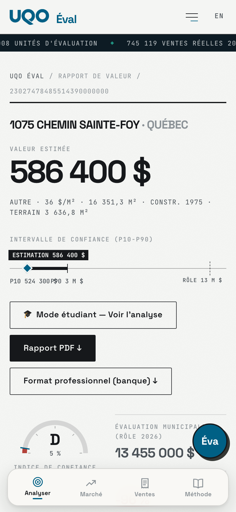 Fiche d'estimation sur téléphone : valeur, fourchette, boutons Mode étudiant et PDF