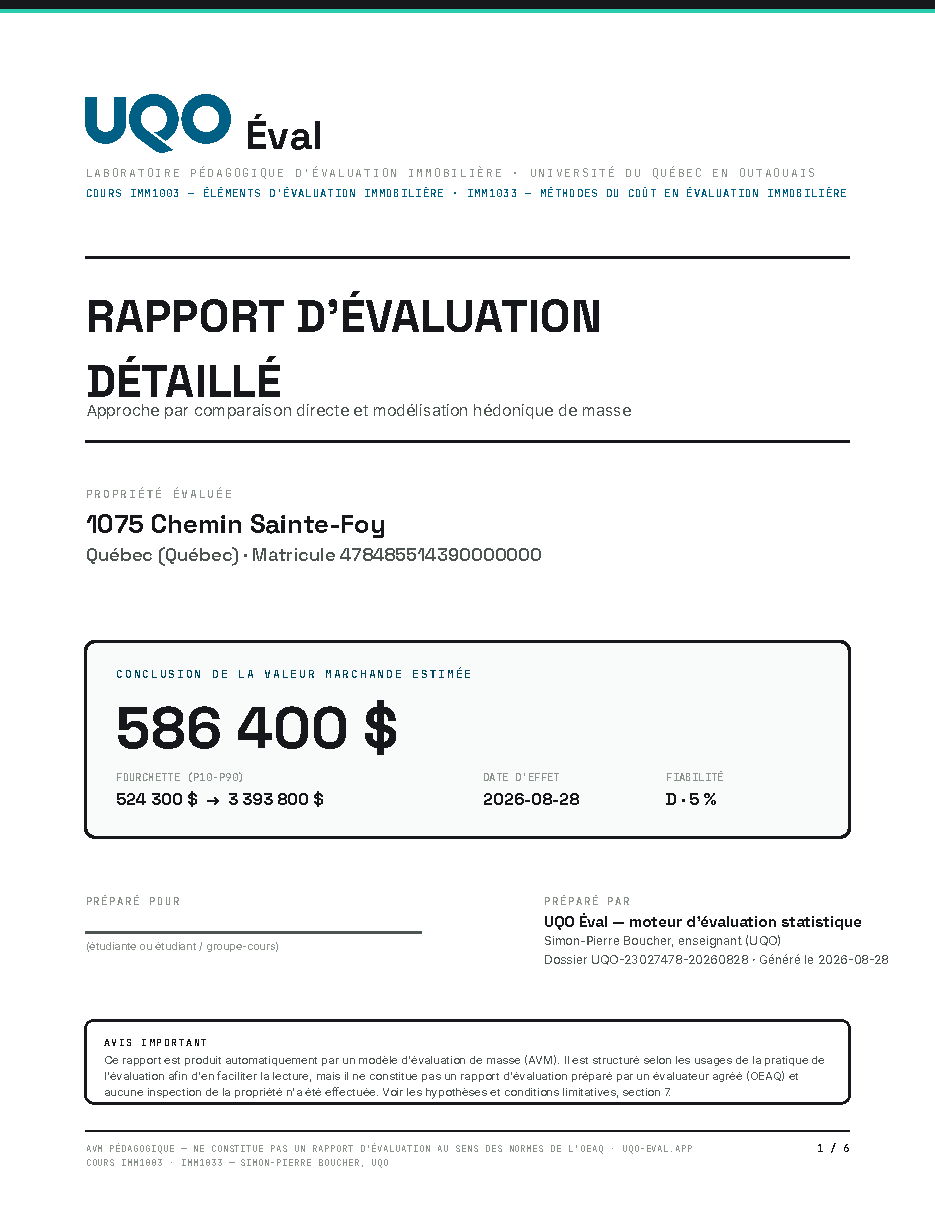 Rapport PDF professionnel : page titre avec logo UQO et conclusion de valeur